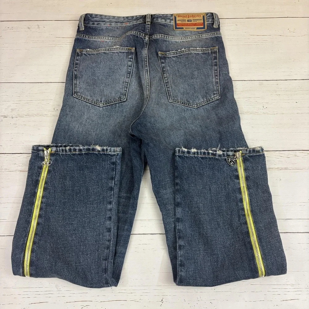Diesel D-Rise-Zip-S Flare Jeans Mens 29x31 Blue Denim Neon Yellow Side Zips